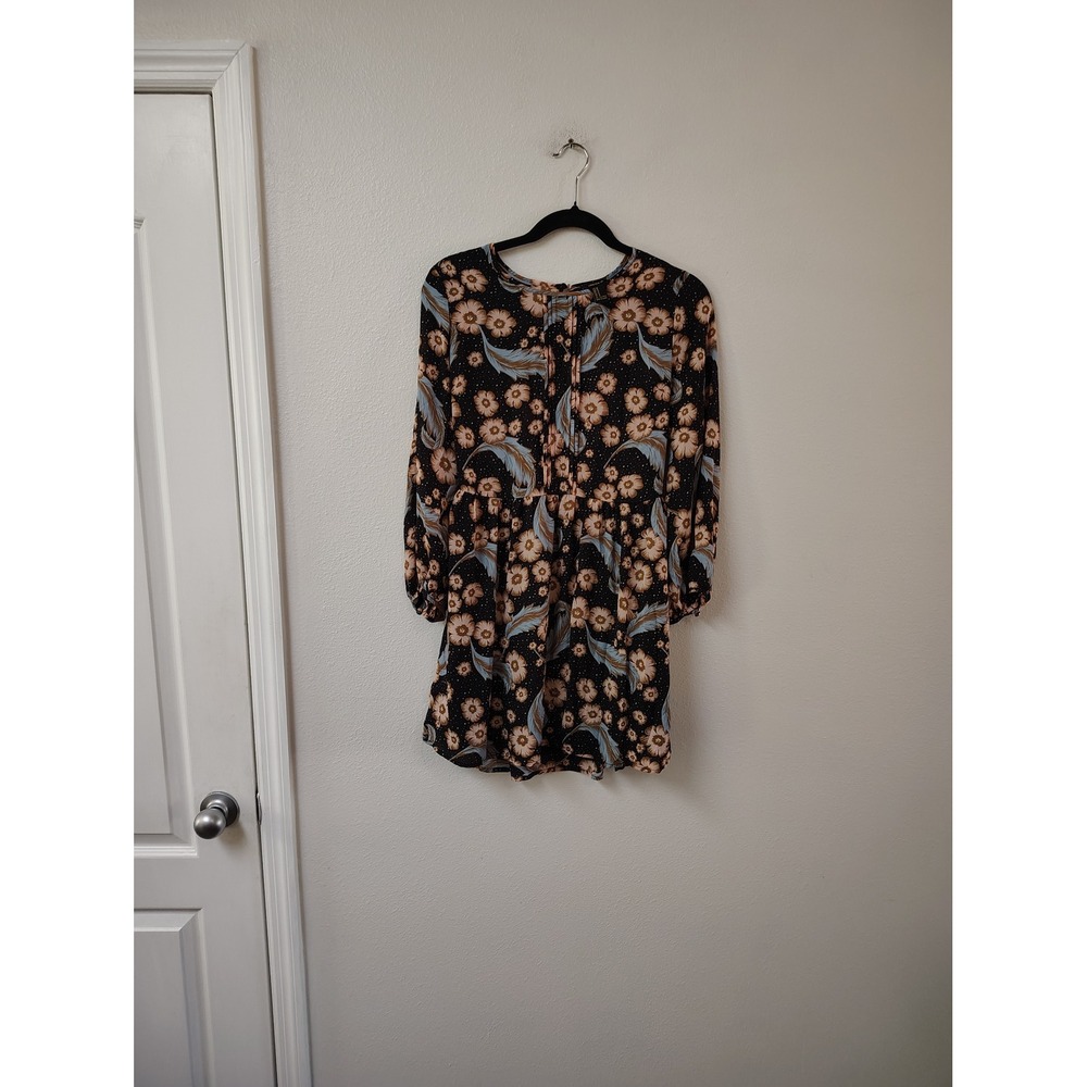 Forever 21 Floral Feather Print Mini Dress Long Sleeve Black Boho Women Large